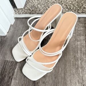 White Heeled Sandals Strappy Square Toe Block Heel Mules Slip On‎ Shoes